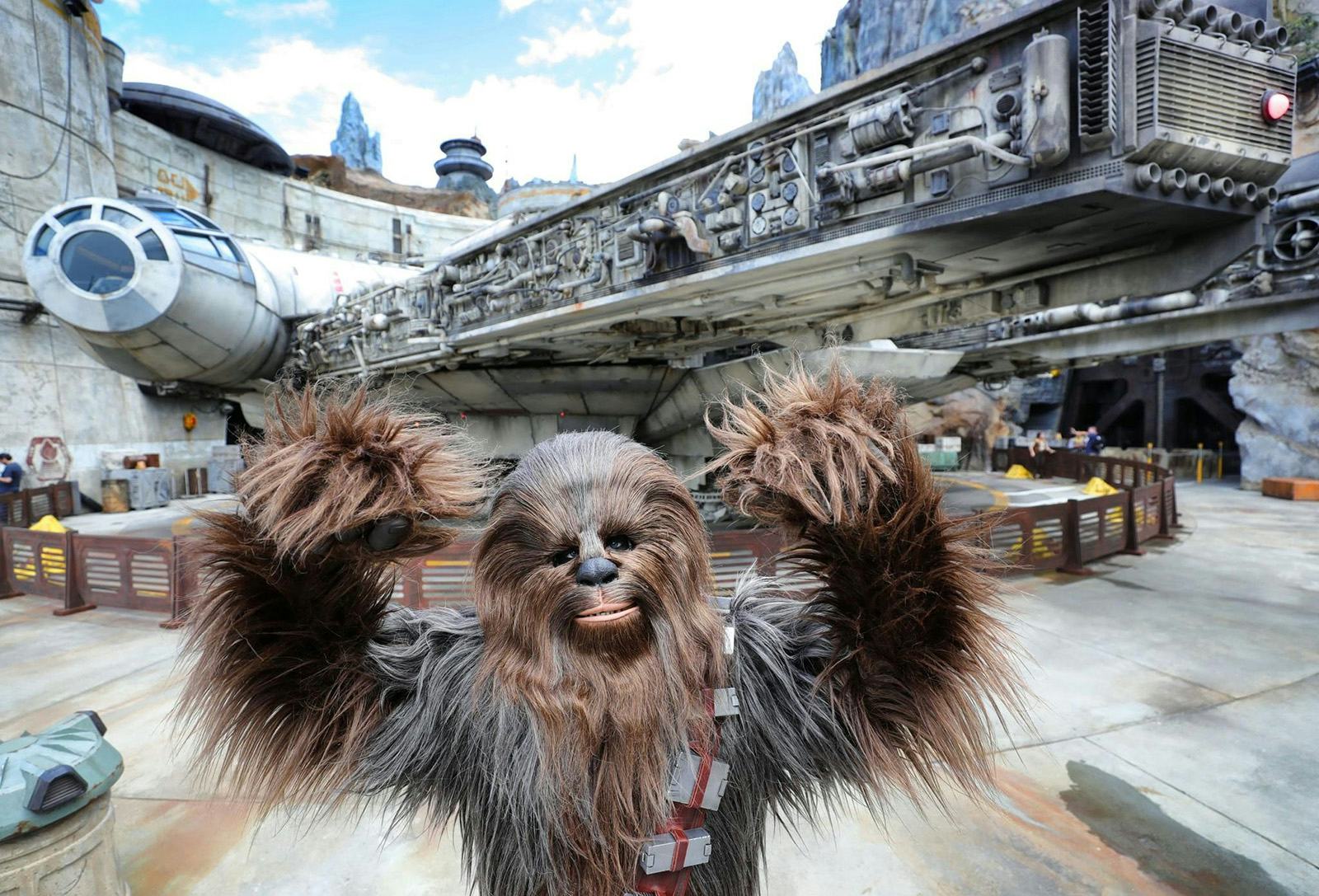 Chewbacca in front of the Millennium Falcon at Black Spire Outpost at the Star Wars: Galaxy's Edge a...