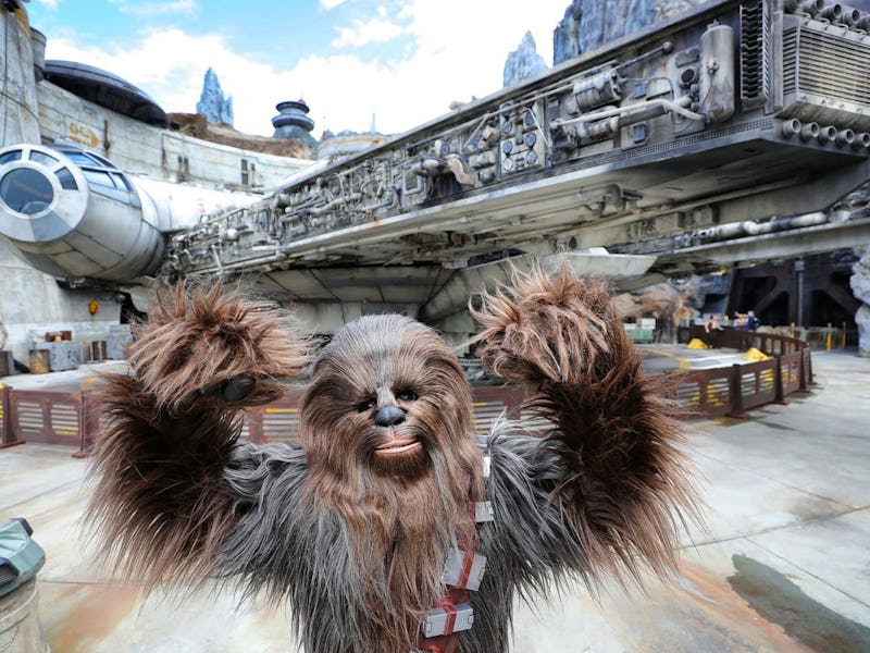 Chewbacca in front of the Millennium Falcon at Black Spire Outpost at the Star Wars: Galaxy's Edge a...