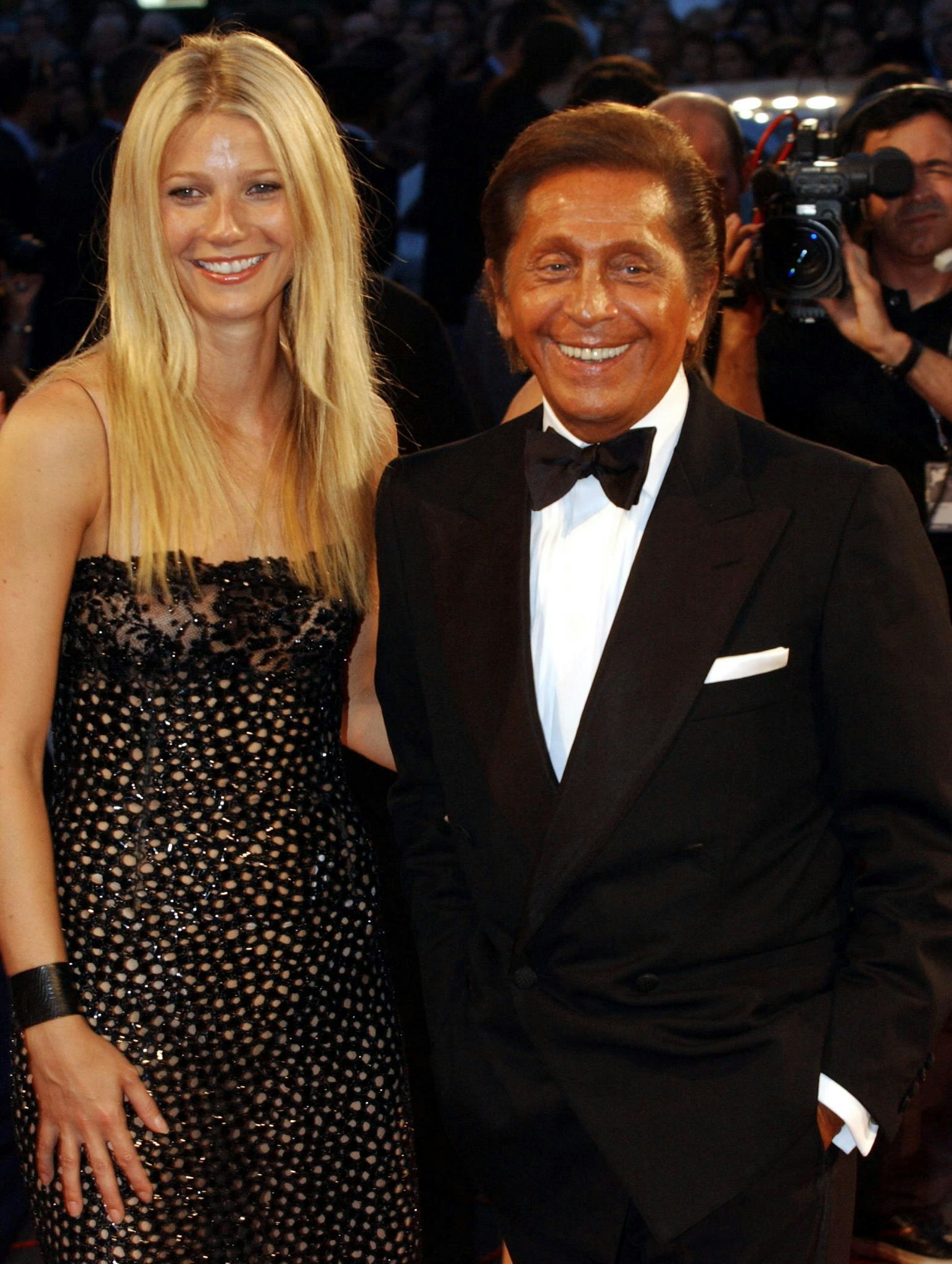 VENICE, ITALY:  US actress Gwyneth Paltrow (L) poses with Italian fashion designer Valentino as they...