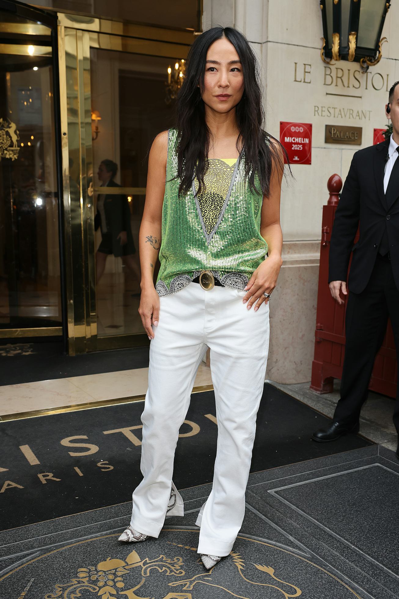PARIS, FRANCE - JANUARY 26: Greta Lee leaving her hotel ahead of Christian Dior during the Haute Cou...