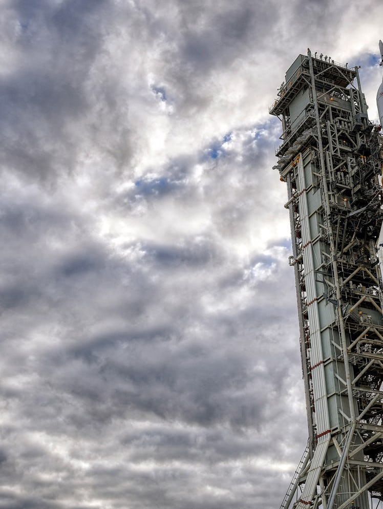 The Artemis II rocket rolls out of the Vehicle Assembly Building to Launch Complex 39-B at the Kenne...