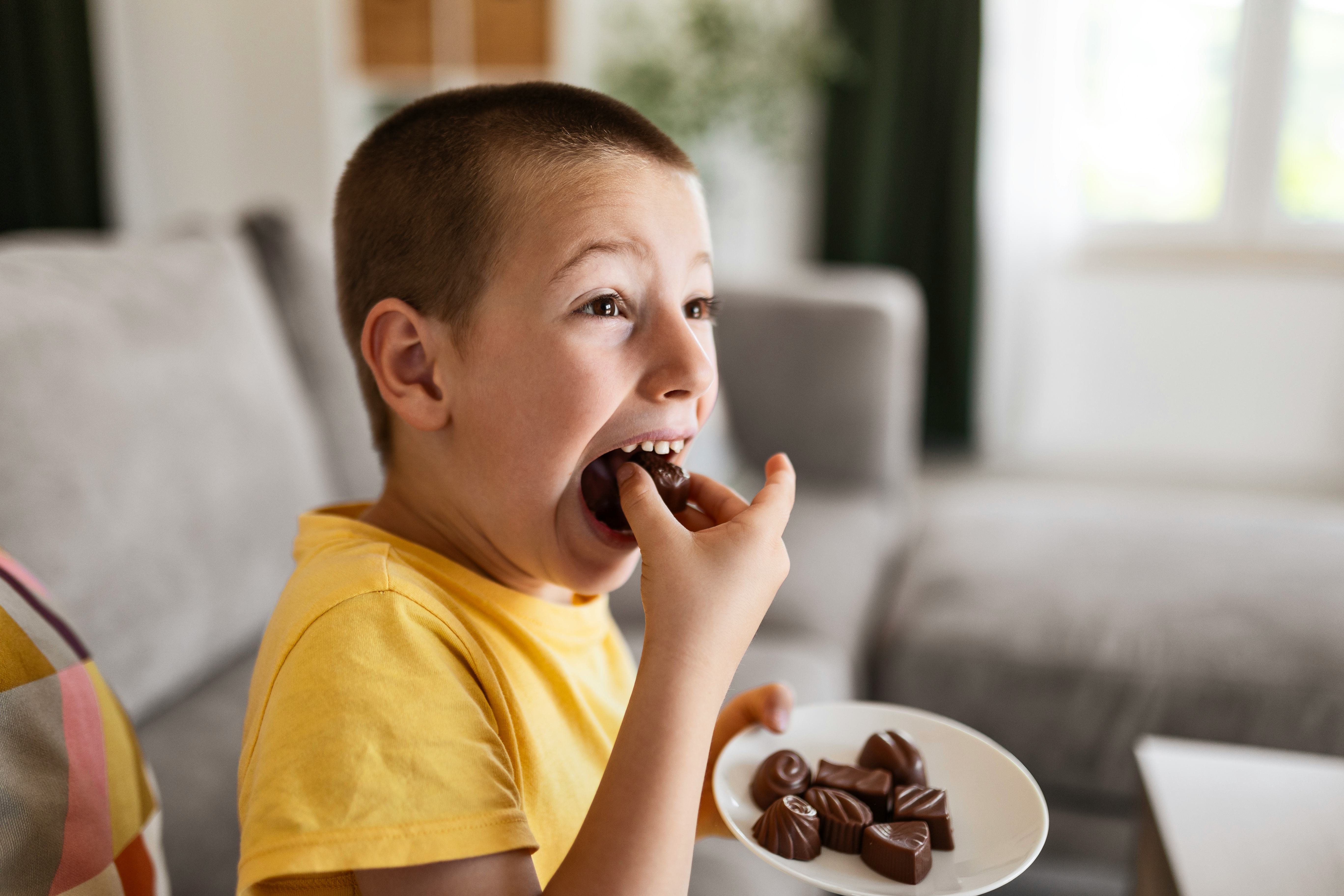A little boy eating chocolate cakes at home.