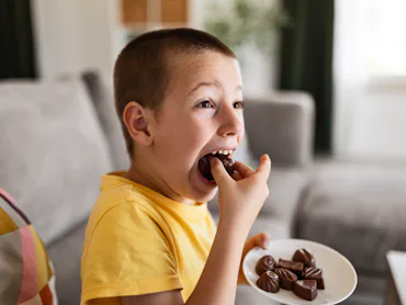 A little boy eating chocolate cakes at home.