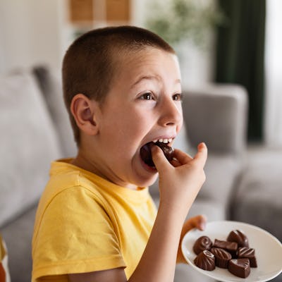 A little boy eating chocolate cakes at home.