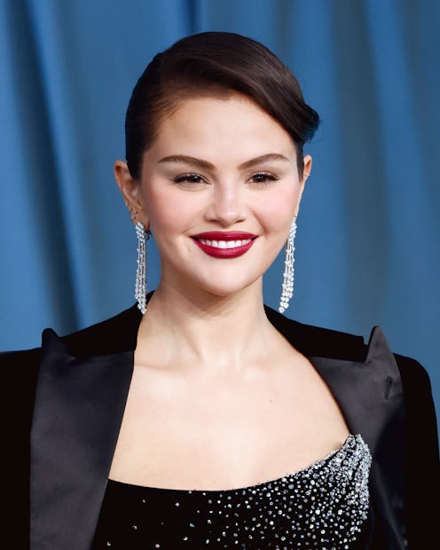 Selena Gomez with red lipstick in close up