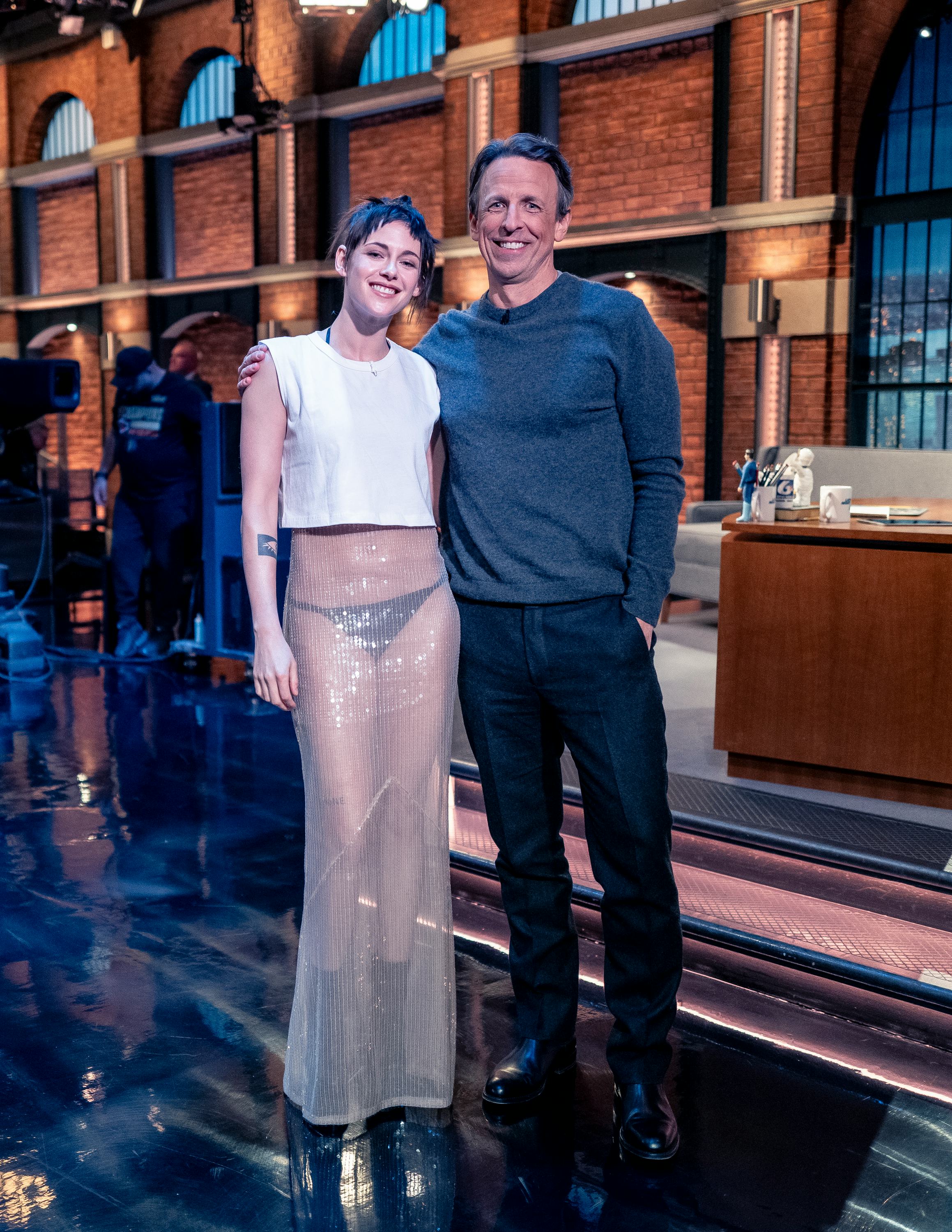 Kristen Stewart and host Seth Meyers during a commercial break on January 5, 2026.