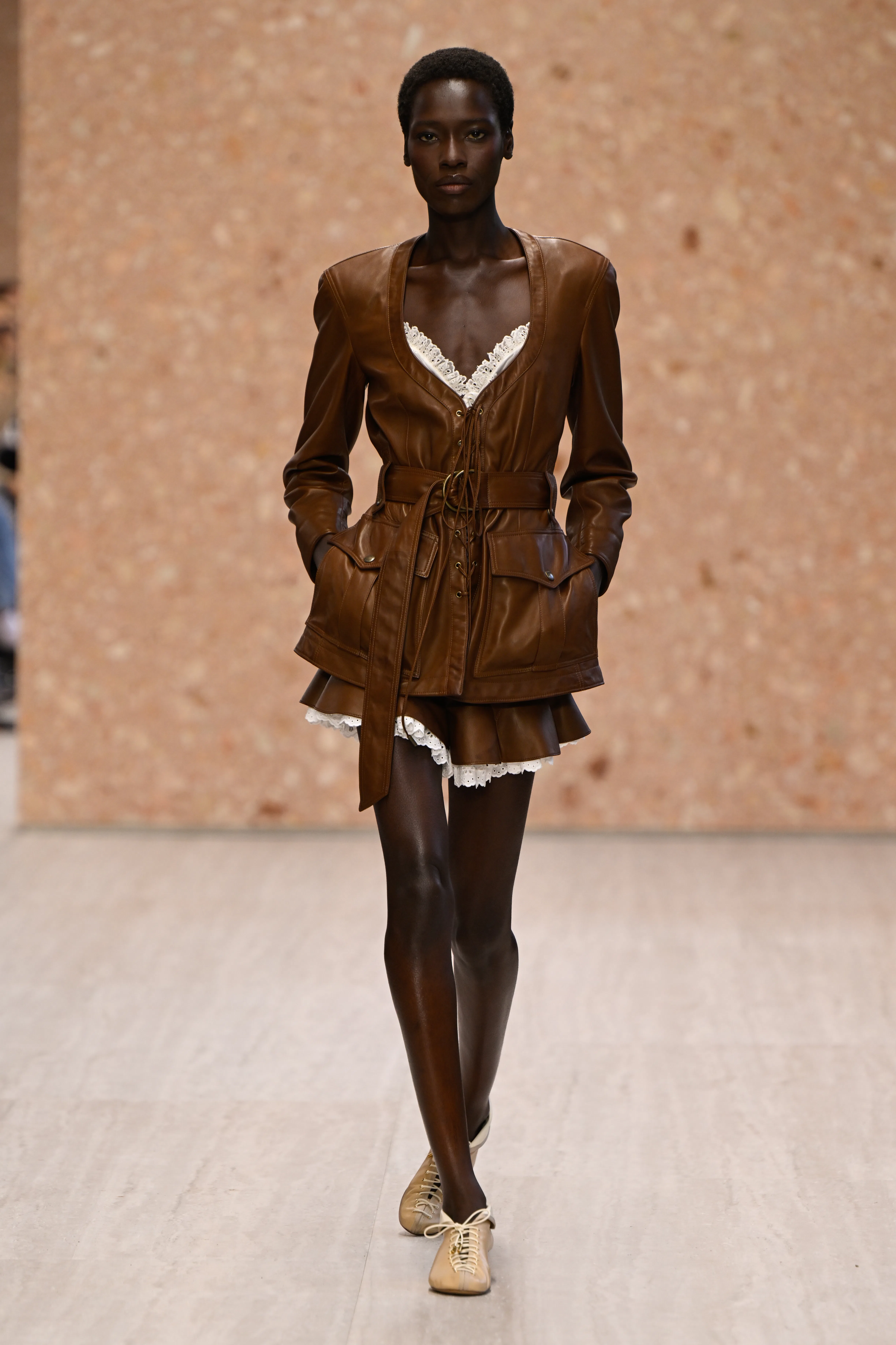 Model on the runway at the Chloé fashion show as a part of Paris RTW Spring/Summer 2027 fashion week