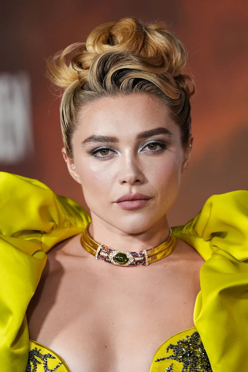 Florence Pugh with frosted silver eyeshadow at the NYC premiere of East of Eden