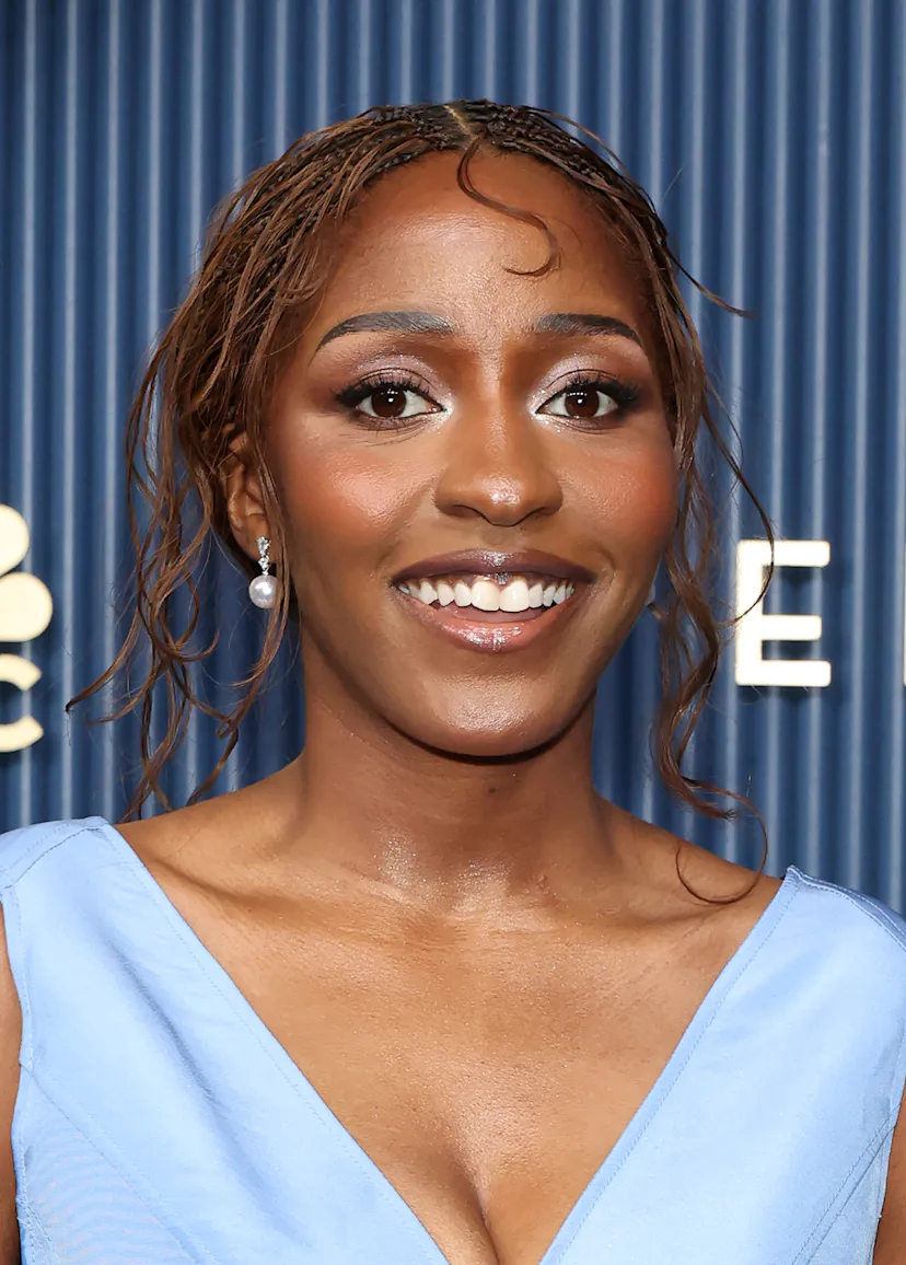 Ayo Edebiri at the 2026 Emmy Awards with frosted bronze and silver eyeshadow