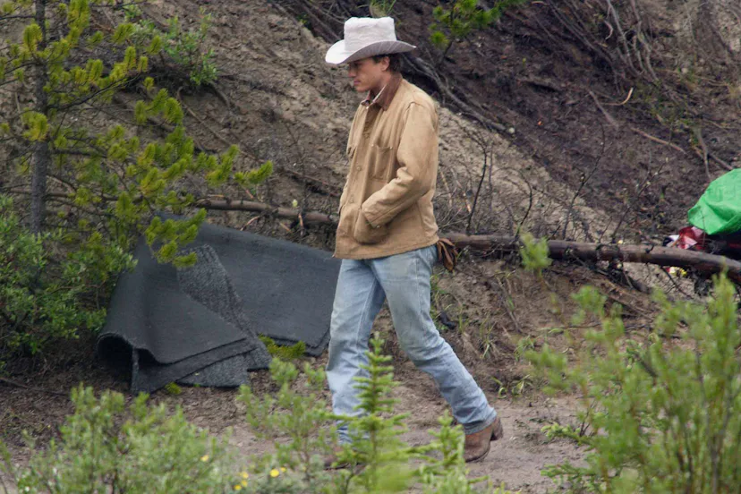 Actors Heath Ledger walks to set during filming of Brokeback Mountain