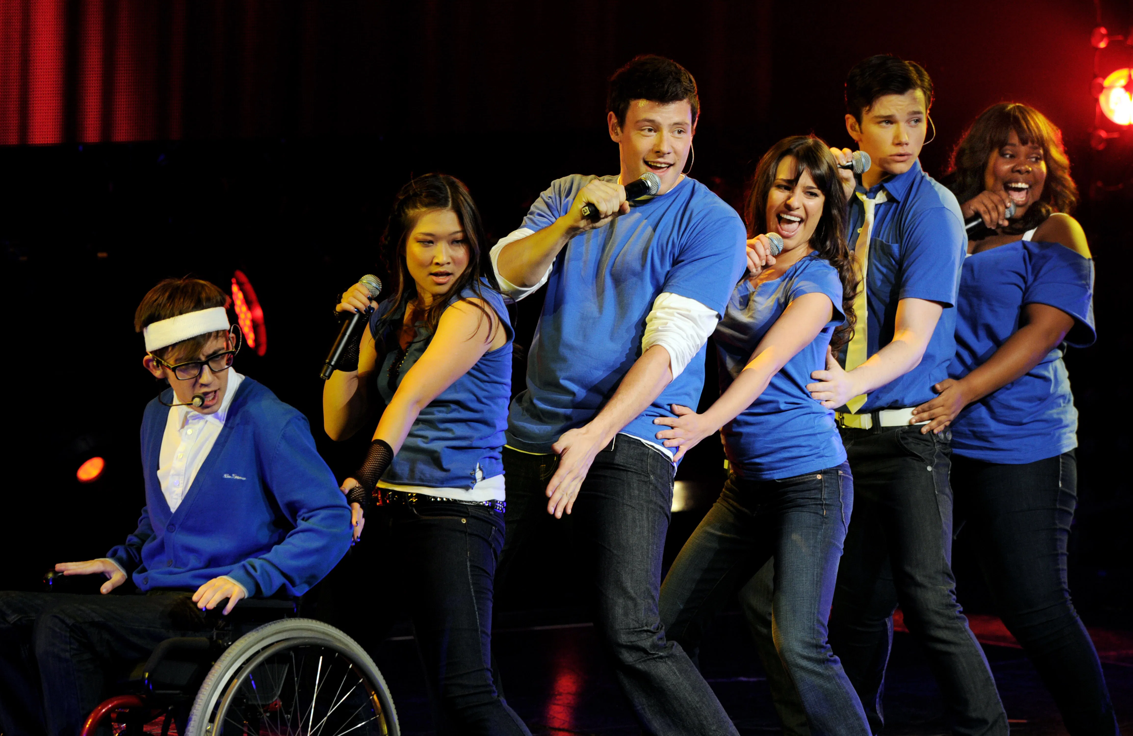 UNIVERSAL CITY, CA - MAY 20:  (L-R) Actor/singers Kevin McHale, Jenna Ushkowitz, Cory Monteith, Lea ...