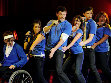 UNIVERSAL CITY, CA - MAY 20: (L-R) Actor/singers Kevin McHale, Jenna Ushkowitz, Cory Monteith, Lea ...
