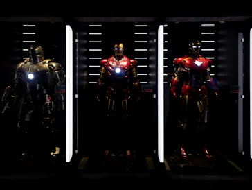 MADRID, SPAIN - NOVEMBER 22: Three Ironman figures in the exhibition 'Marvel: Universe of Super Hero...