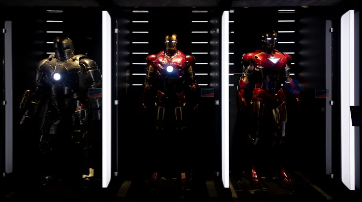 MADRID, SPAIN - NOVEMBER 22: Three Ironman figures in the exhibition 'Marvel: Universe of Super Hero...