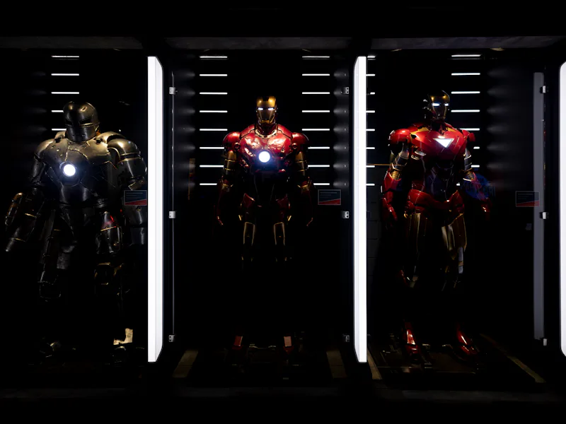 MADRID, SPAIN - NOVEMBER 22: Three Ironman figures in the exhibition 'Marvel: Universe of Super Hero...