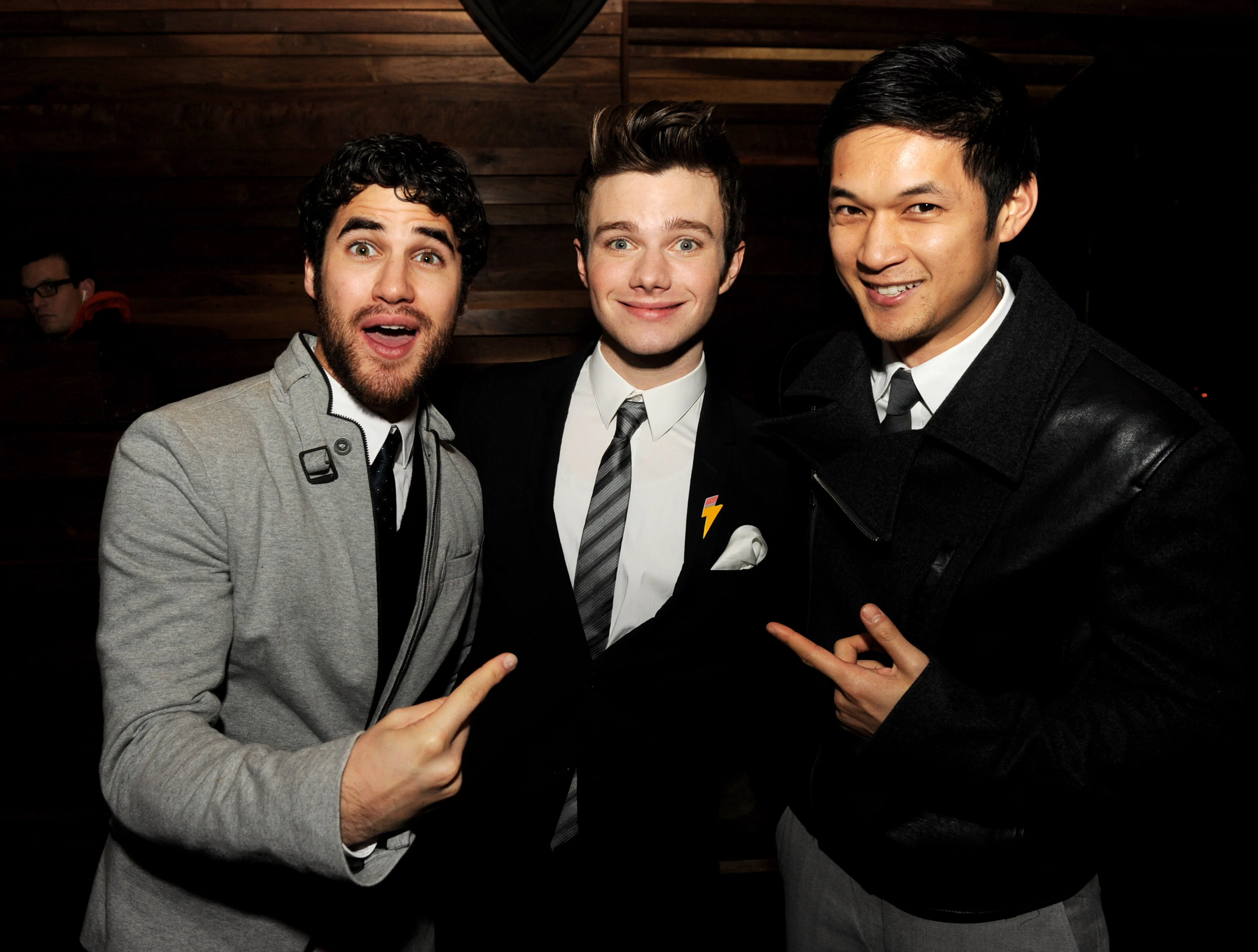 Darren Criss, Chris Colfer and Harry Shum, Jr. pose at the after party for a screening of "Struck By...
