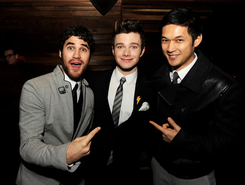 Darren Criss, Chris Colfer and Harry Shum, Jr. pose at the after party for a screening of "Struck By...