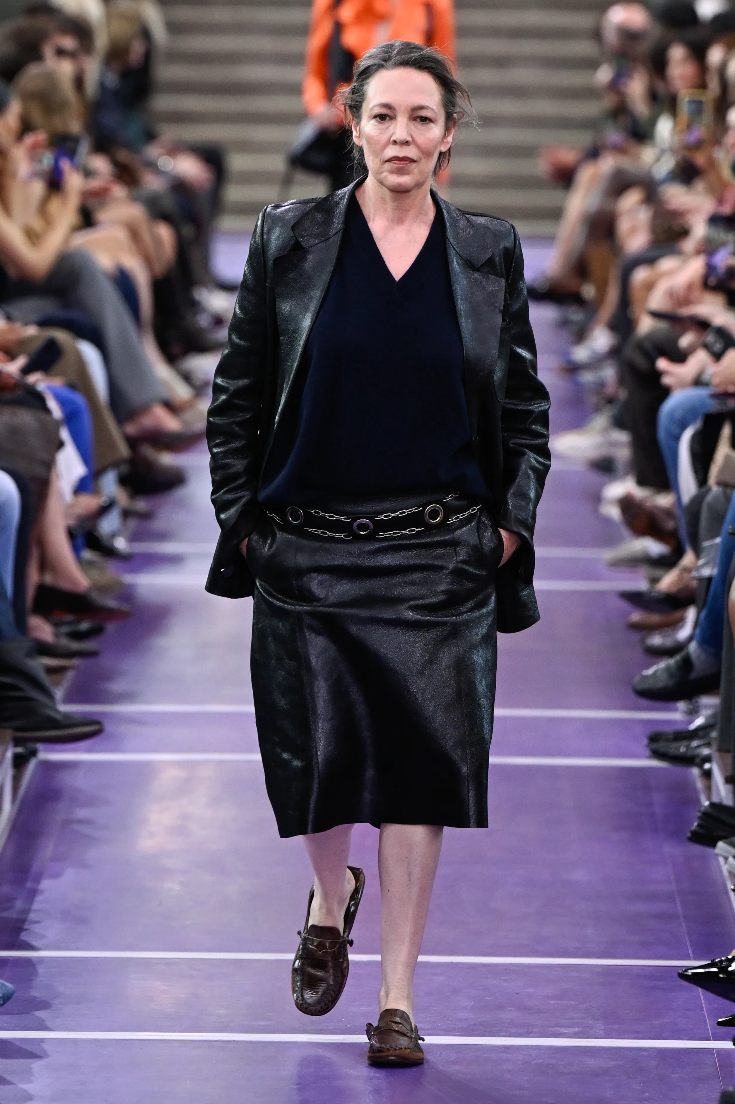 Actress Olivia Colman on the runway at the Miu Miu fashion show as part of Paris RTW Spring/Summer 2...