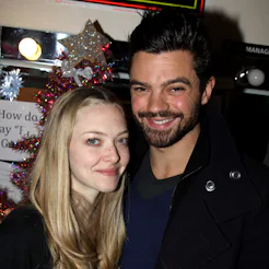 Amanda Seyfried and boyfriend Dominic Cooper pose backstage at the hit rock musical "Rock of Ages" o...