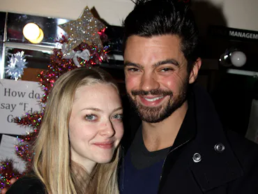 Amanda Seyfried and boyfriend Dominic Cooper pose backstage at the hit rock musical "Rock of Ages" o...