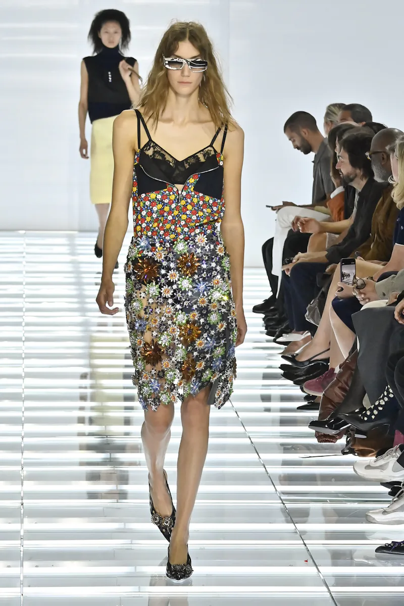 MILAN, ITALY - SEPTEMBER 22: A model walks the runway at the Prada fashion show during the Milan Fas...