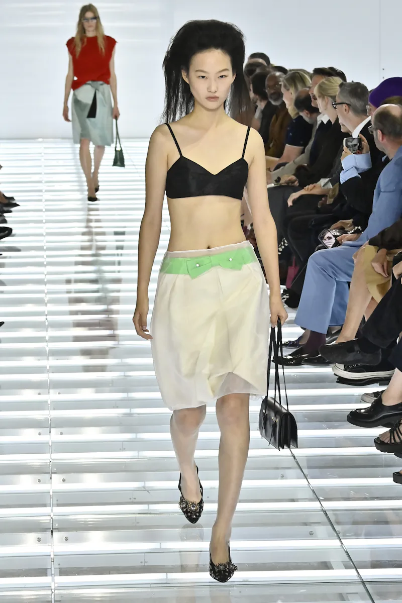 MILAN, ITALY - SEPTEMBER 22: A model walks the runway at the Prada fashion show during the Milan Fas...