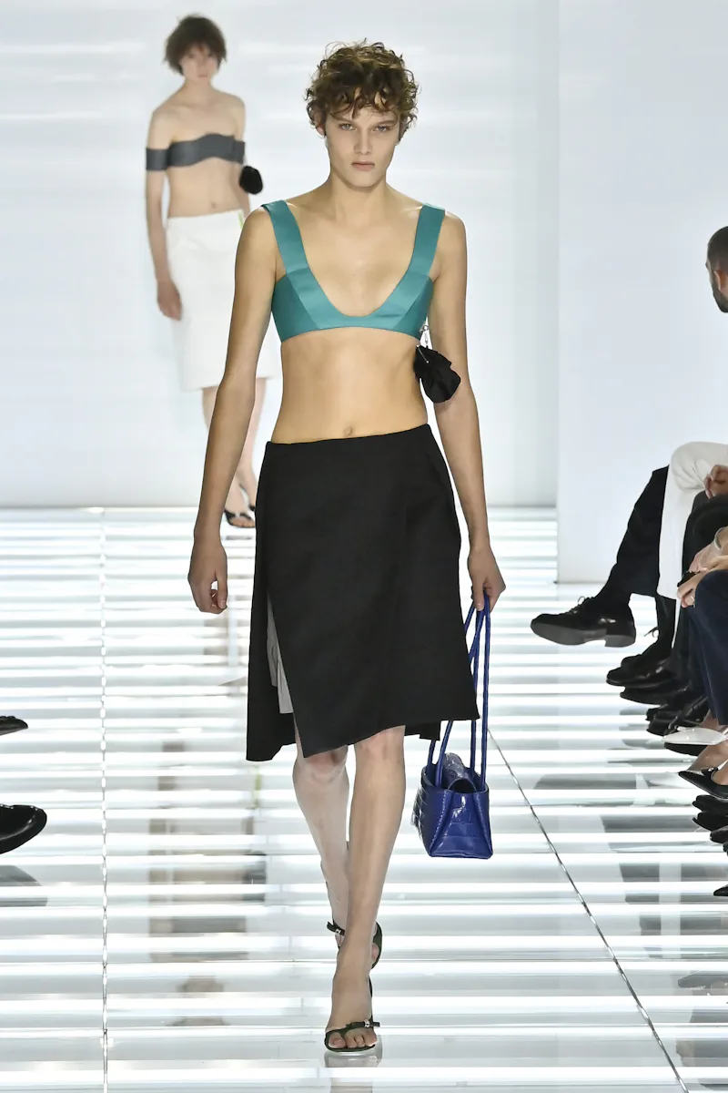 MILAN, ITALY - SEPTEMBER 22: A model walks the runway at the Prada fashion show during the Milan Fas...
