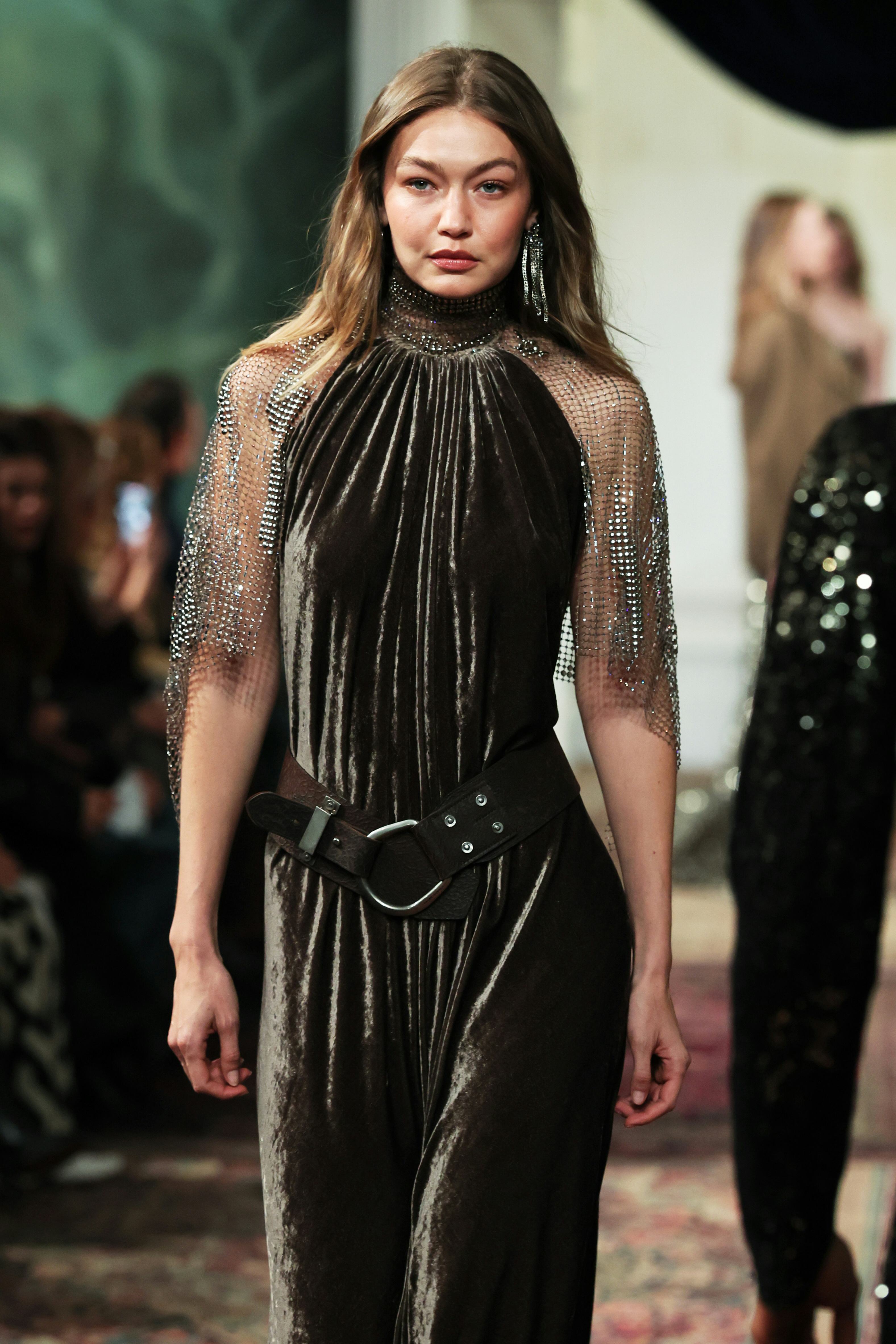 NEW YORK, NEW YORK - FEBRUARY 10: Gigi Hadid walks the runway for the Ralph Lauren fashion show duri...