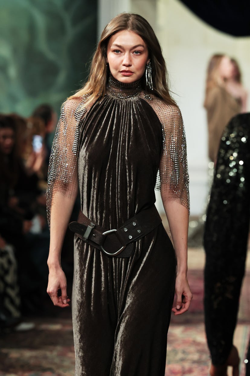 NEW YORK, NEW YORK - FEBRUARY 10: Gigi Hadid walks the runway for the Ralph Lauren fashion show duri...