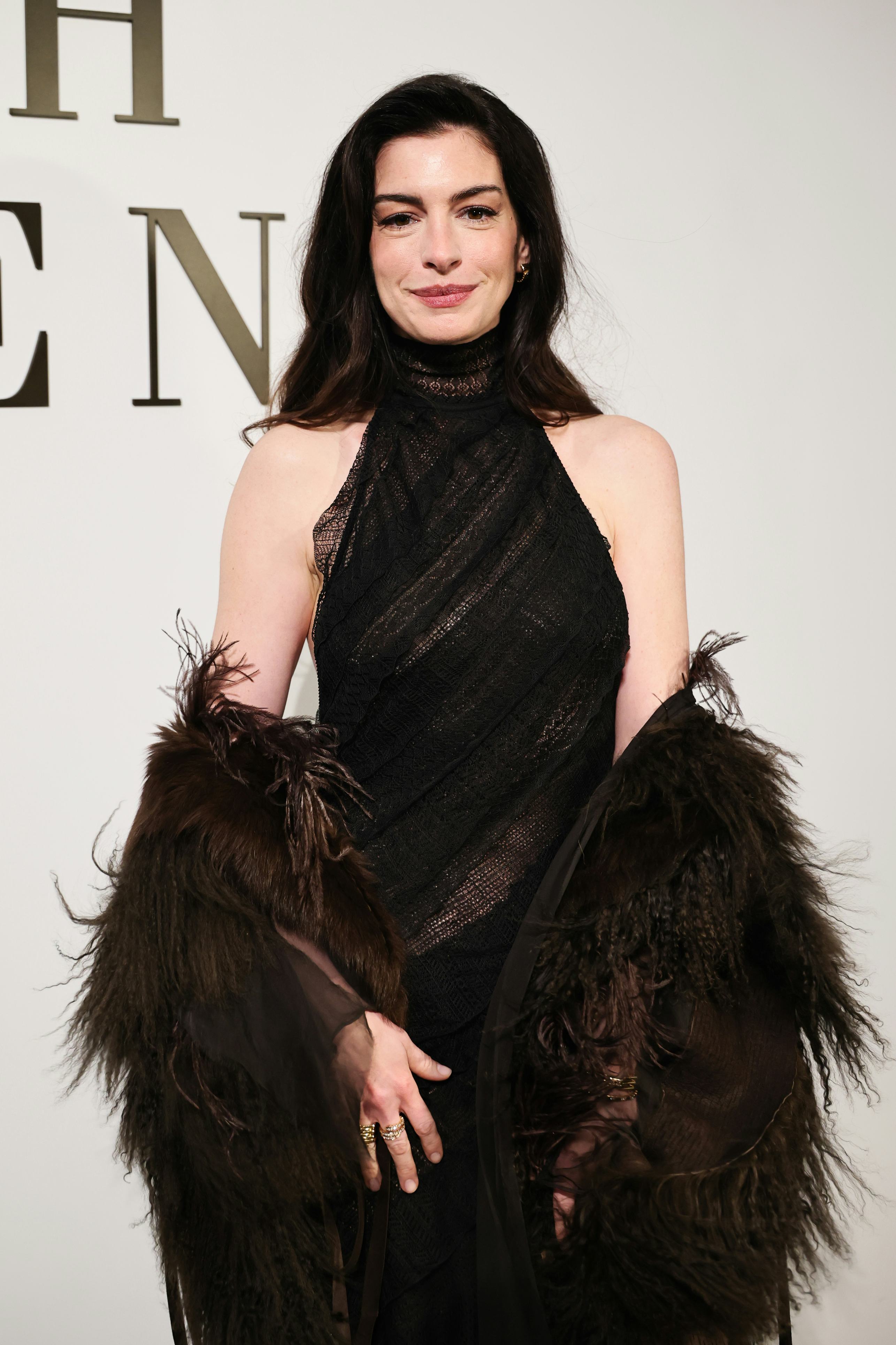 Anne Hathaway attends the Ralph Lauren fashion show during New York Fashion Week on February 10, 202...