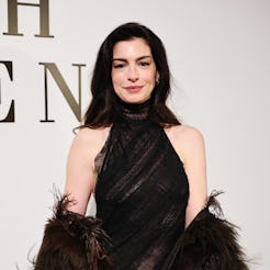 Anne Hathaway attends the Ralph Lauren fashion show during New York Fashion Week on February 10, 202...