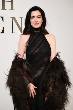 Anne Hathaway attends the Ralph Lauren fashion show during New York Fashion Week on February 10, 202...