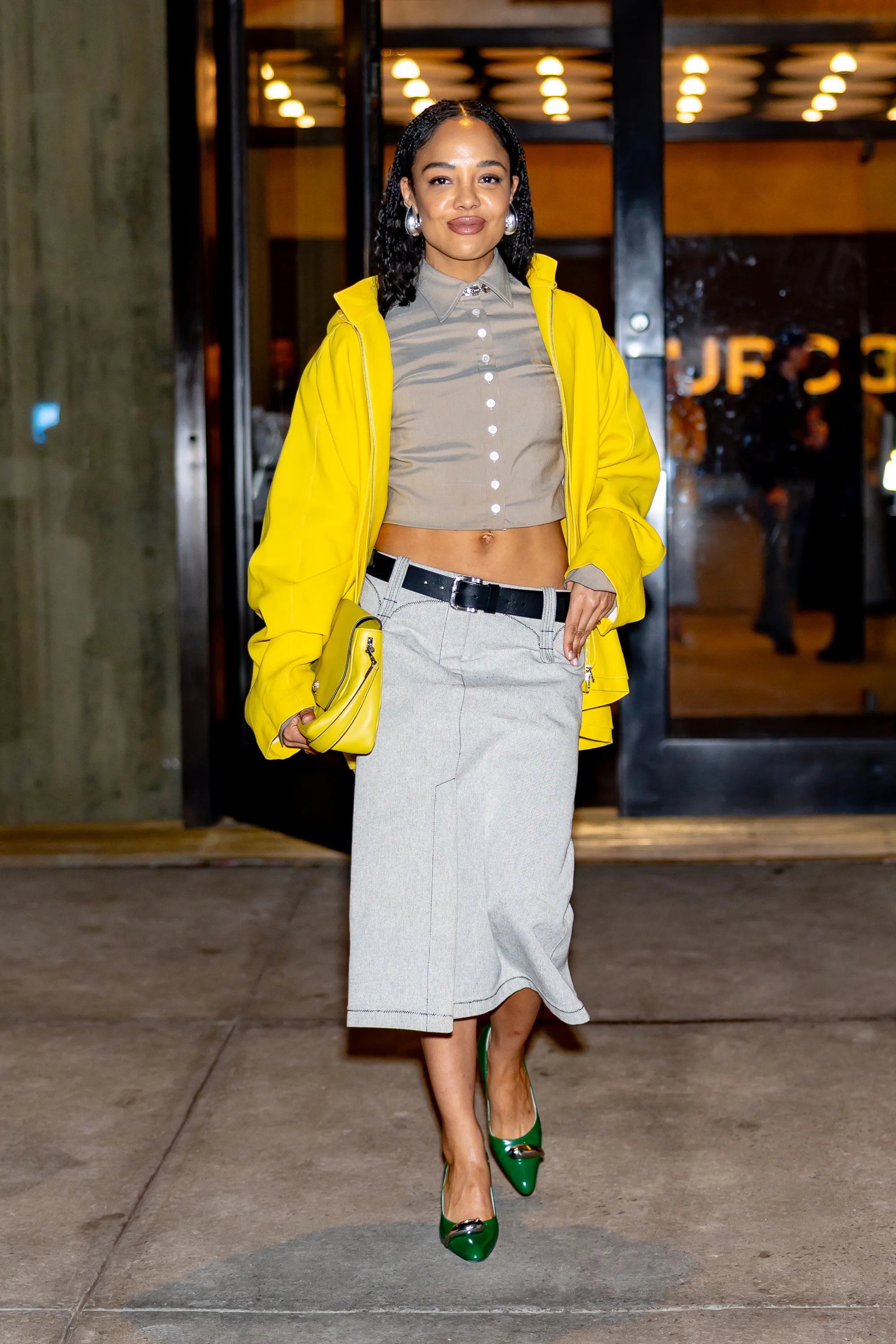 NEW YORK, NEW YORK - FEBRUARY 11: Tessa Thompson attends the Tory Burch Fashion Show during New York...