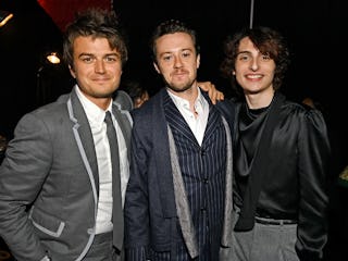 BROOKLYN, NEW YORK - MAY 14: (L-R) Joe Keery, Joseph Quinn, and Finn Wolfhard attend Netflix's "Stra...