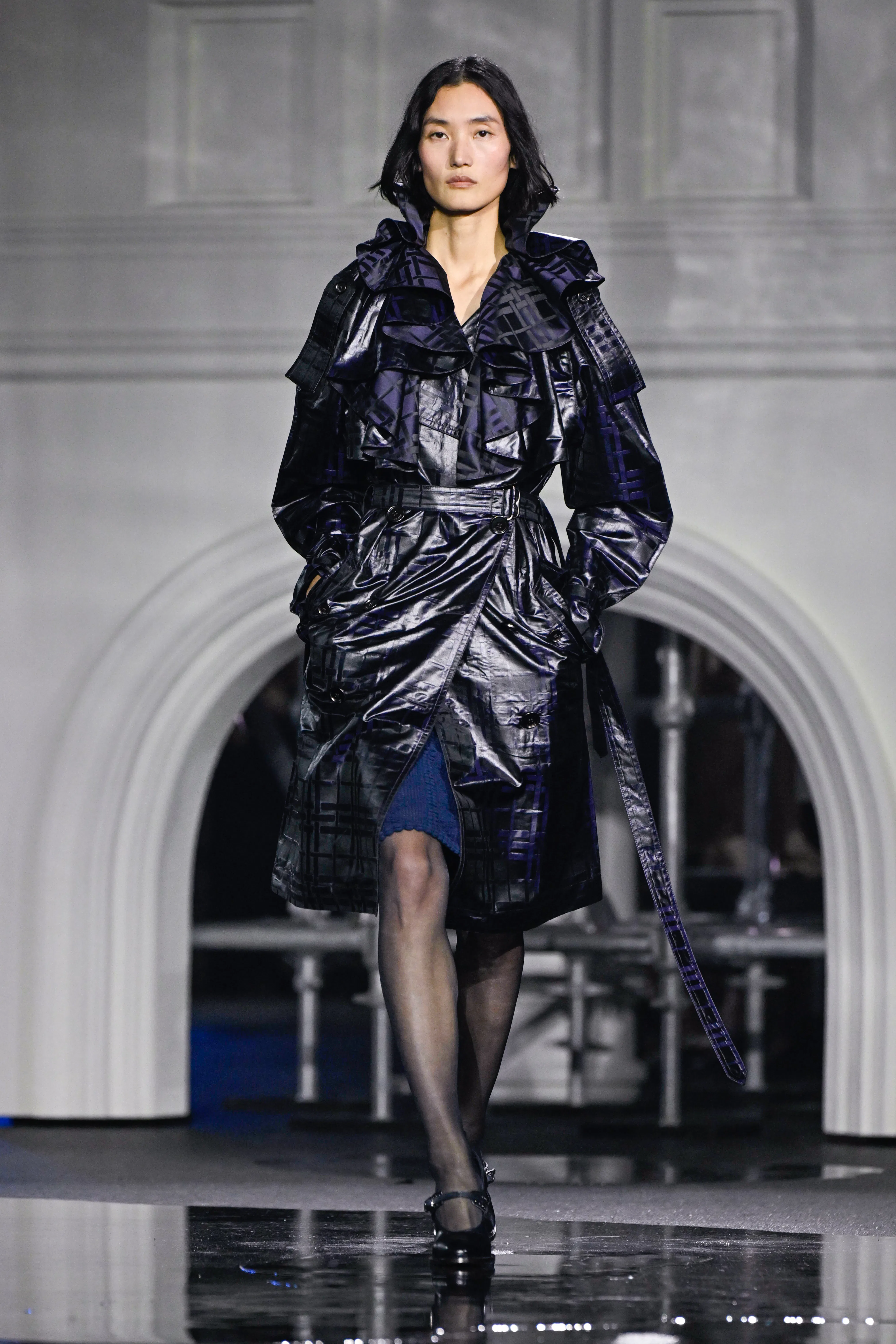 Model on the runway at the Burberry fashion show 