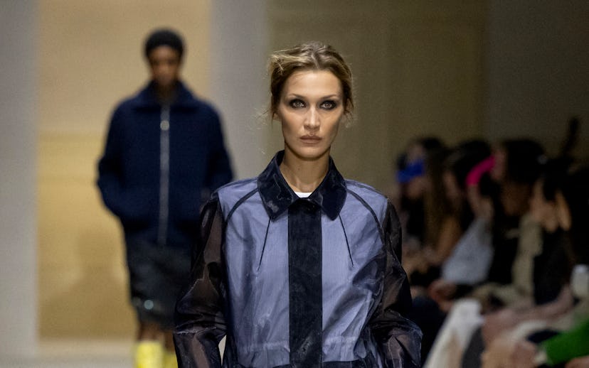 US model Bella Hadid presents a creation of the Prada collection during the Milan Fashion Week Women...