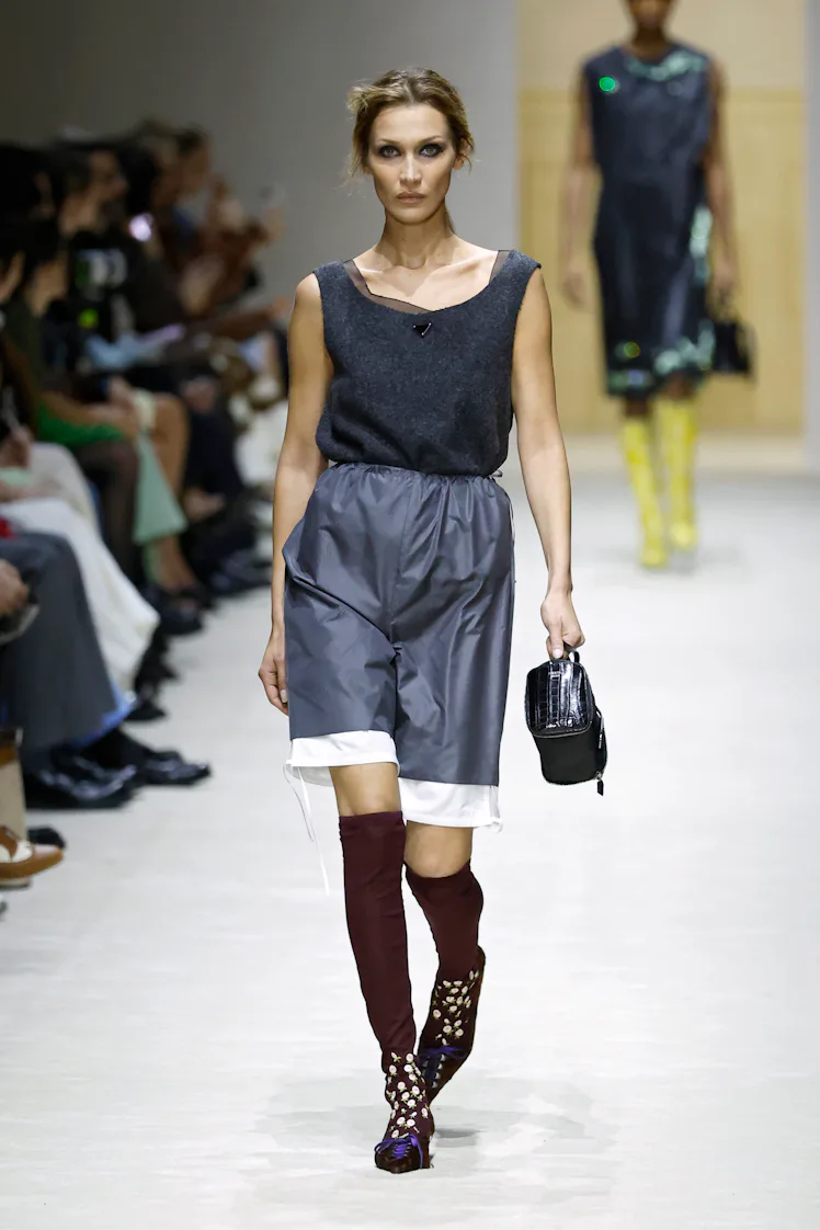 MILAN, ITALY - FEBRUARY 26: A model walks the runway at the Prada fashion show during the Milan Fash...