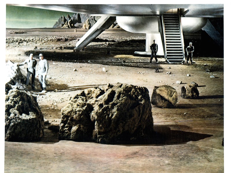 A spacecraft makes landing on a planet in a scene from the film 'Forbidden Planet', 1956. (Photo by ...