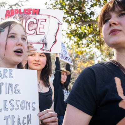Augusta Cummins, 13, Robin Stromvall, 14, and Priscilla Cummins, 15, skip school to join a nationwide Ice Out of Everywhere protest at Pasadena City College, where a Fight Back Friday demonstration has been held for almost a year, on Friday, January 30, 2026.