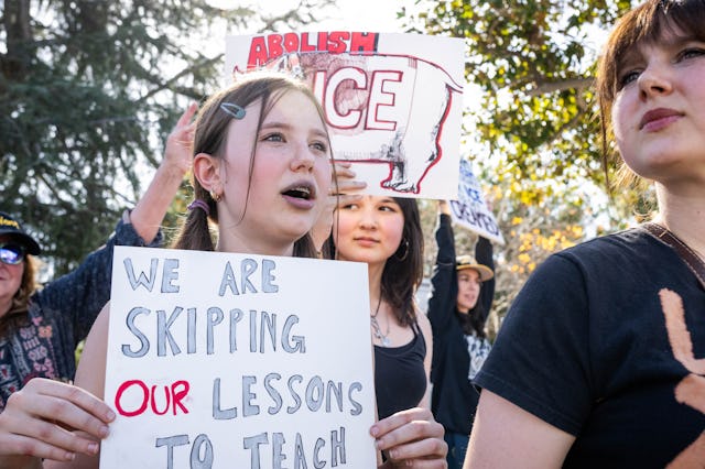Augusta Cummins, 13, Robin Stromvall, 14, and Priscilla Cummins, 15, skip school to join a nationwid...