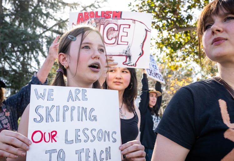 Augusta Cummins, 13, Robin Stromvall, 14, and Priscilla Cummins, 15, skip school to join a nationwid...