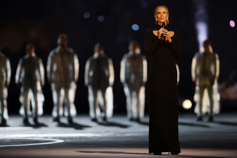 Charlize Theron delivers a speech during the opening ceremony of the Milano Cortina 2026 Winter Olym...