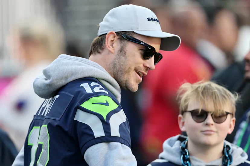 SANTA CLARA, CALIFORNIA - FEBRUARY 08: Chris Pratt and son, Jack Pratt attend Super Bowl LX between ...