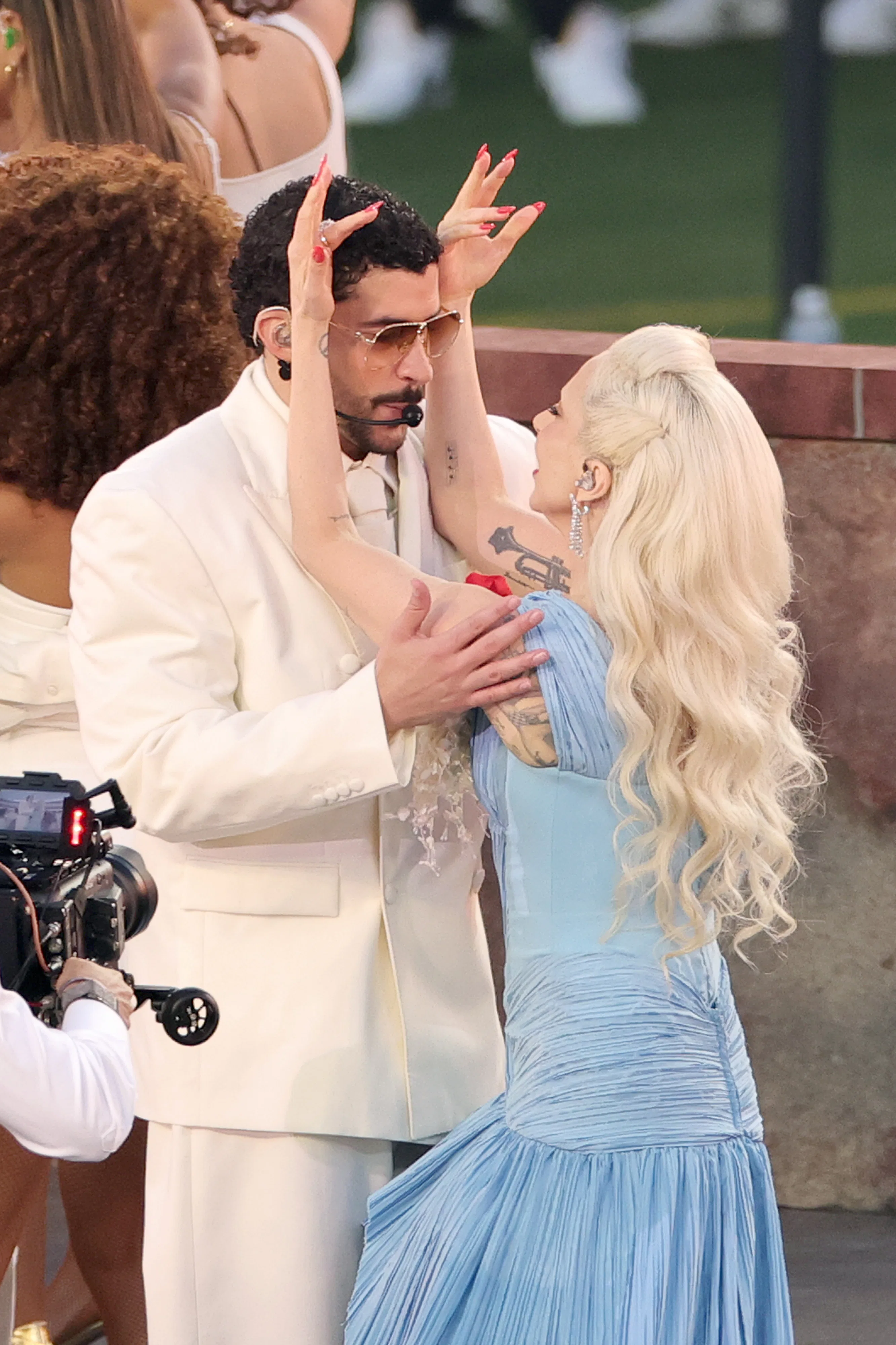 Lady Gaga performs with Bad Bunny onstage during the Super Bowl LX Halftime Show at Levi's Stadium 