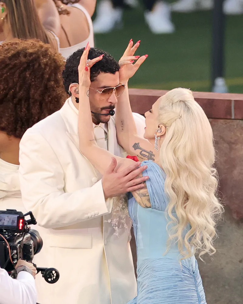 Lady Gaga performs with Bad Bunny onstage during the Super Bowl LX Halftime Show at Levi's Stadium