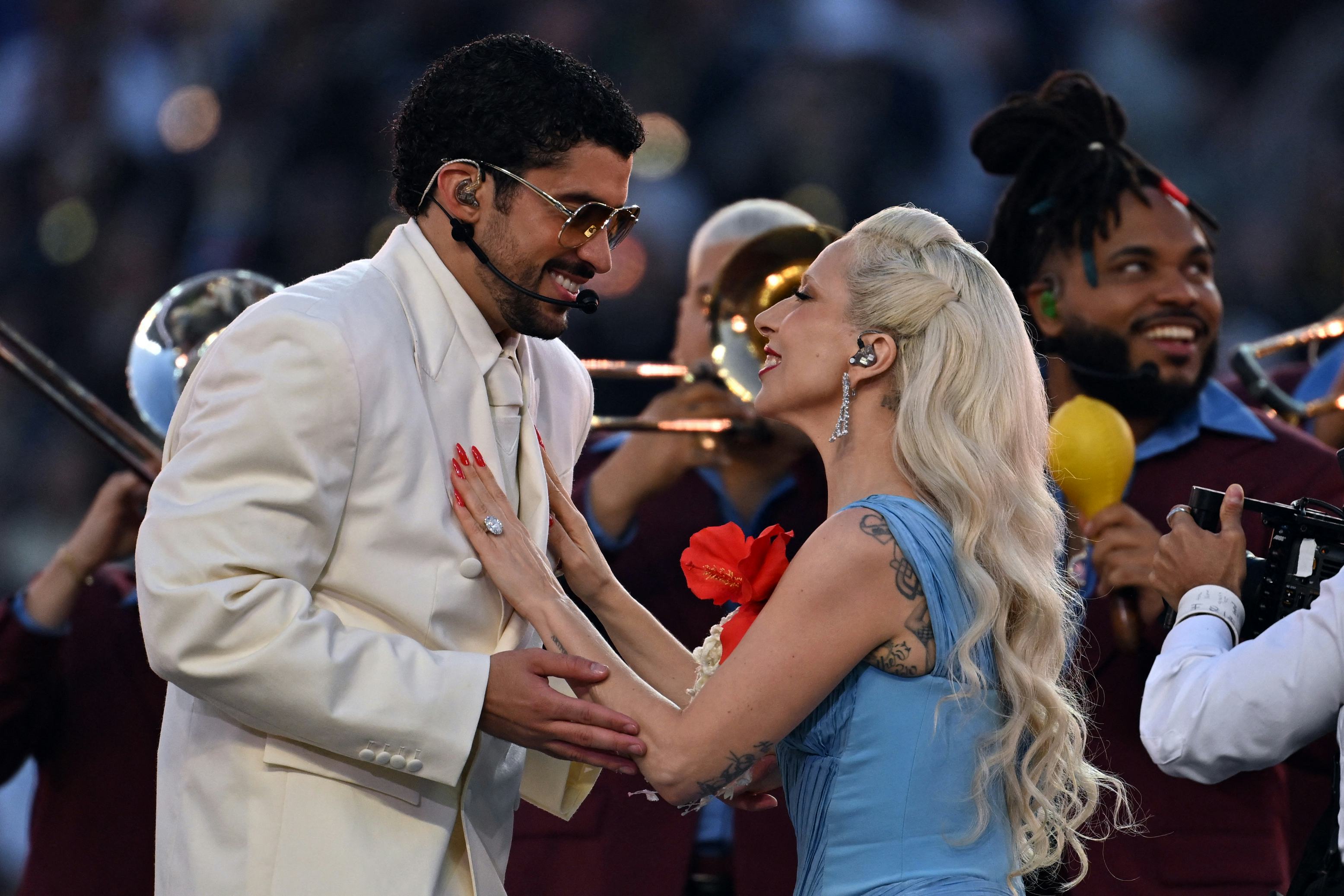 TOPSHOT - US singer-songwriter Lady Gaga and Puerto Rican singer Bad Bunny perform during Super Bowl...