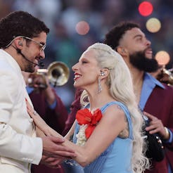 SANTA CLARA, CALIFORNIA - FEBRUARY 08: Bad Bunny and Lady Gaga perform onstage during the Apple Musi...