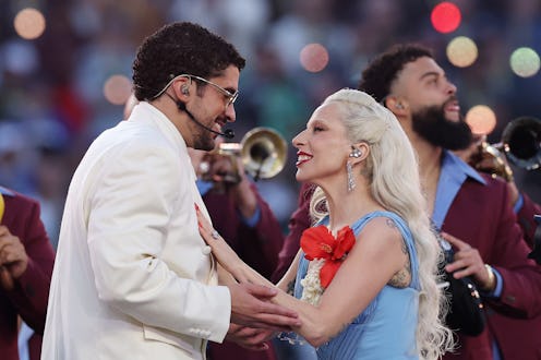 SANTA CLARA, CALIFORNIA - FEBRUARY 08: Bad Bunny and Lady Gaga perform onstage during the Apple Musi...