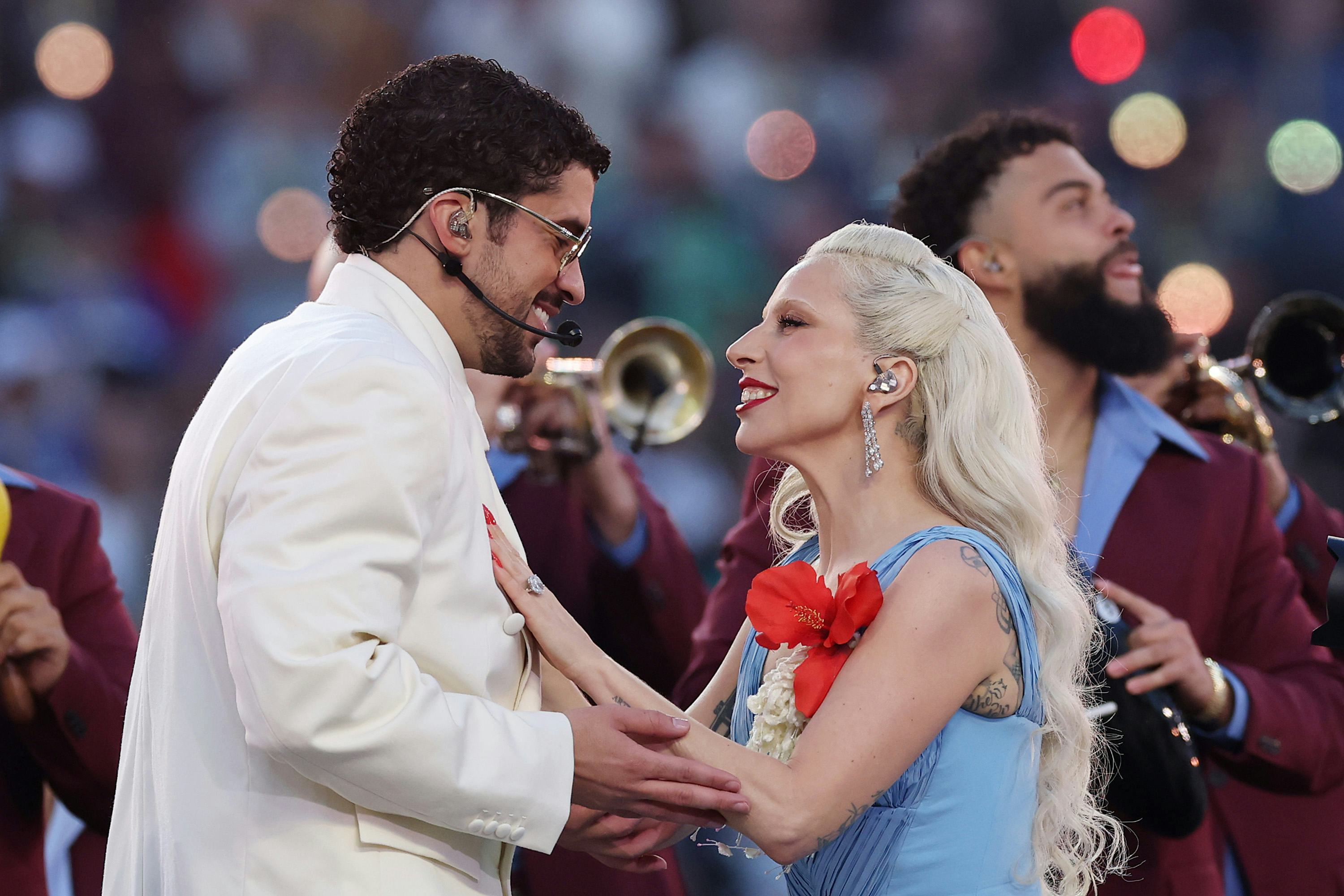 SANTA CLARA, CALIFORNIA - FEBRUARY 08: Bad Bunny and Lady Gaga perform onstage during the Apple Musi...