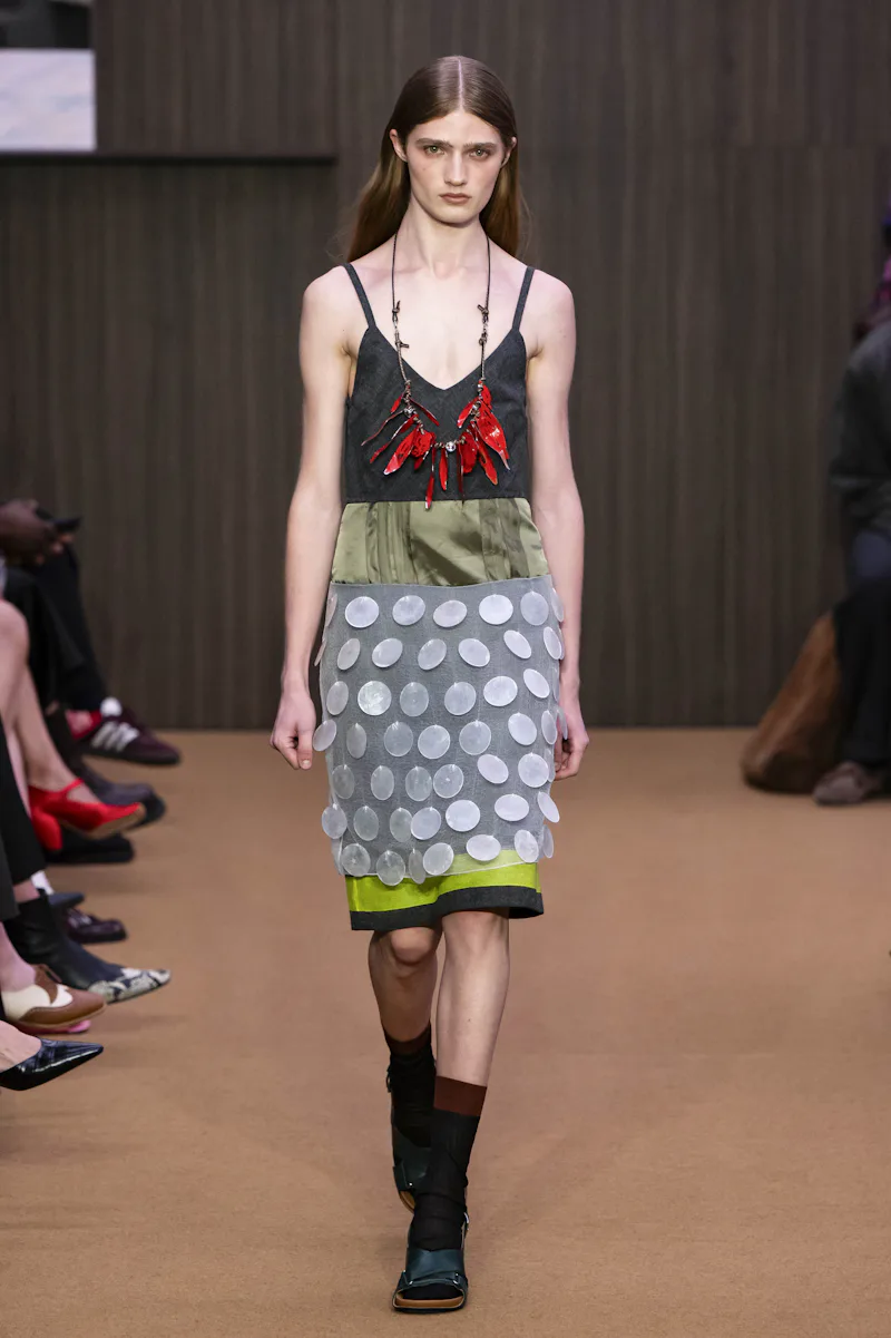 MILAN, ITALY - FEBRUARY 26: A model walks the runway at the Marni Ready to Wear Fall/Winter 2026/202...
